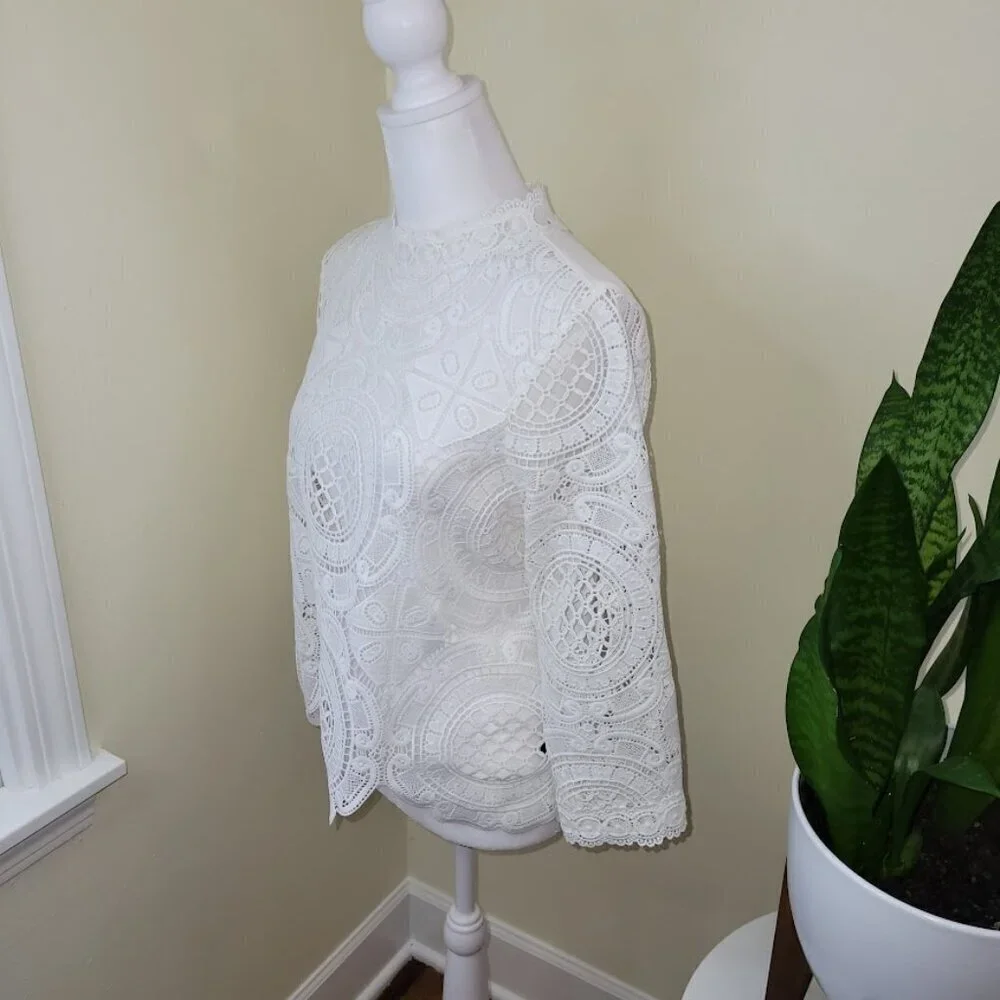 Anthropologie James Coviello Medallion Lace Front  Mock Neck Ivory Blouse SZ SP - Picture 3 of 12